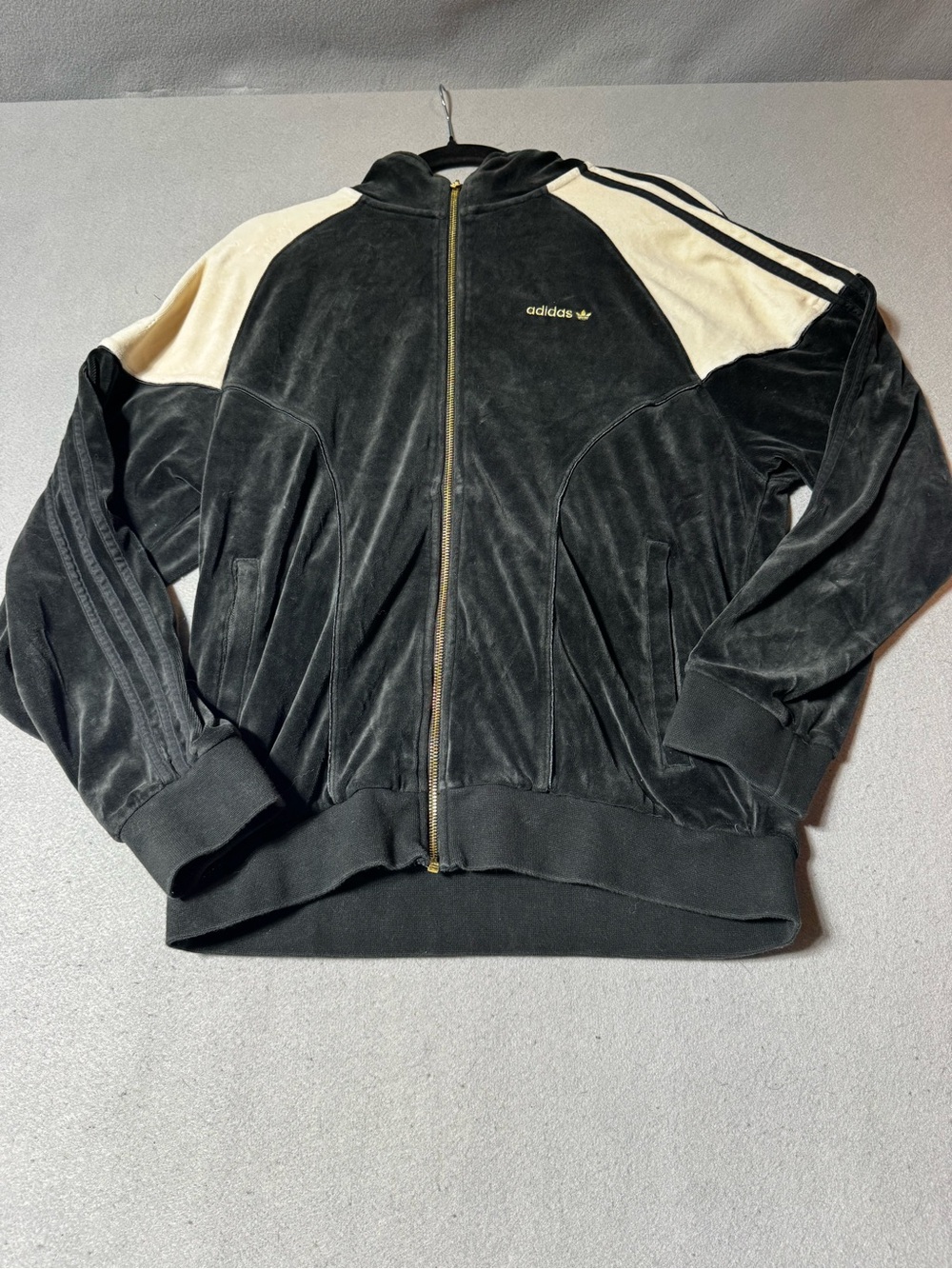 Vintage adidas Originals Velour Hoodie Track Jacket Black Cream Gold Zip Size S